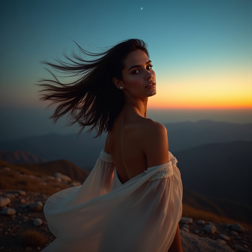 AI-generated photo: Photorealistic portrait photography. A person spins in place on a rocky hilltop at twilight, head tu...