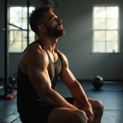AI-generated photo: Photorealistic photography of a UFC fighter in a quiet, reflective post-training moment. The scene i...