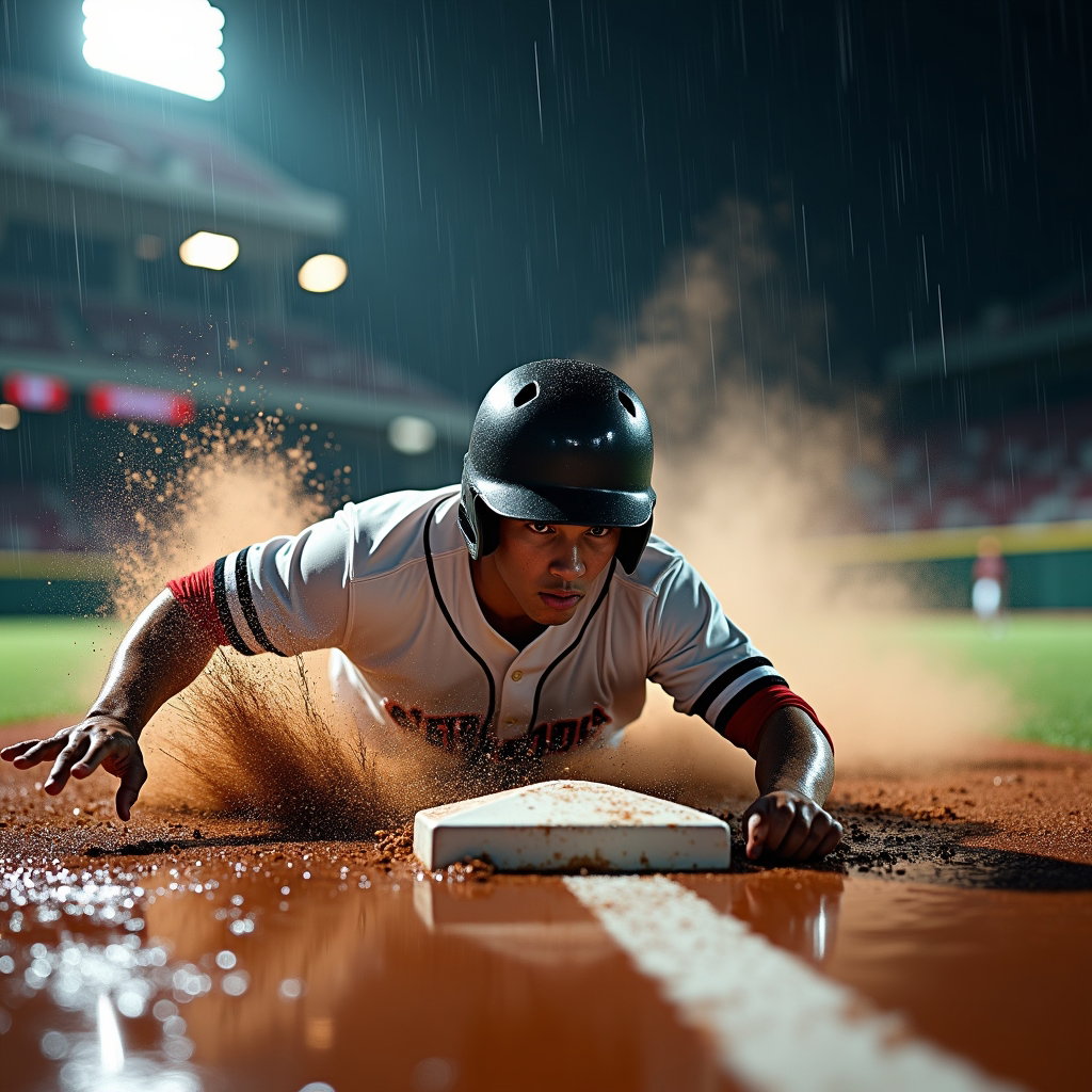 AI-generated photo: Photorealistic sports photography capturing a base runner launching into a headfirst slide on a rain...