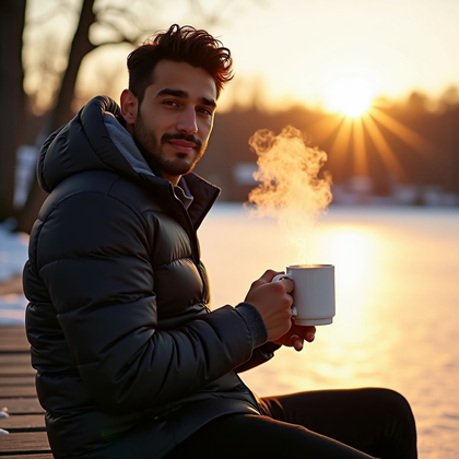 AI-generated photo: Photorealistic portrait on a wooden dock over a frozen lake at late golden hour, the sun sitting jus...