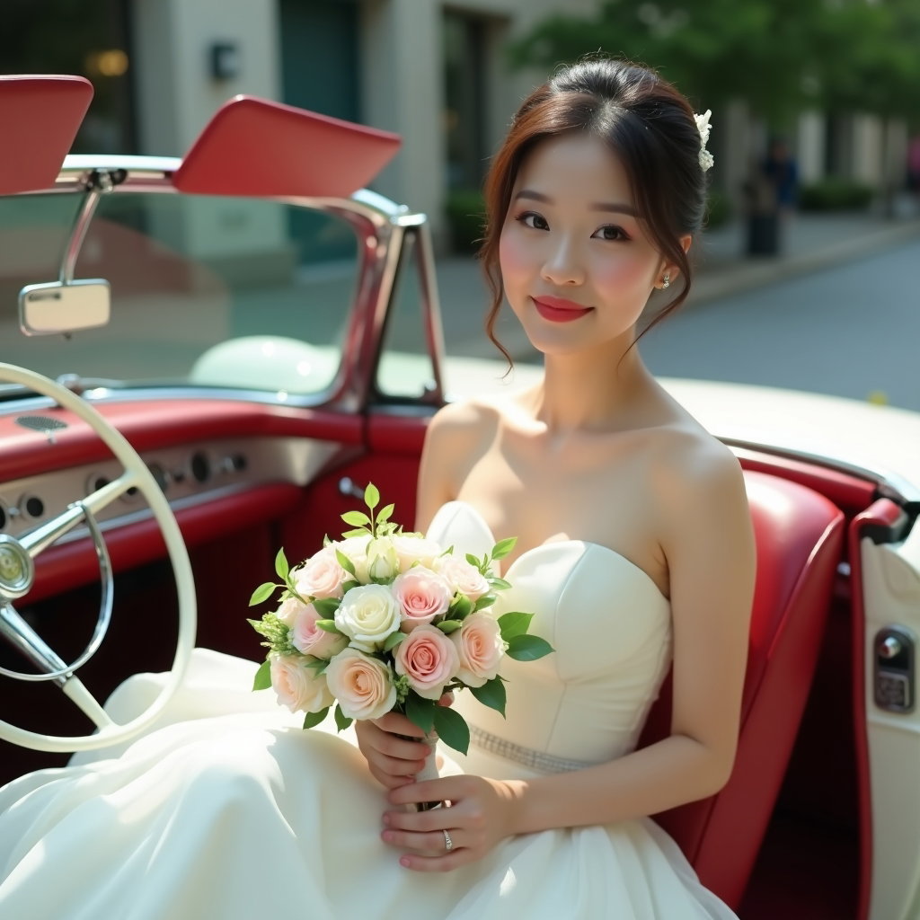 AI-generated photo: Photorealistic wedding photography beside a vintage convertible with the door open, composed from a ...