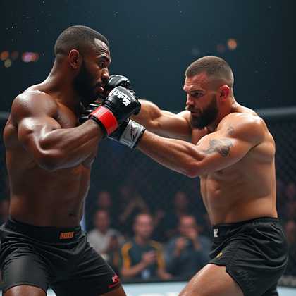 AI-generated photo: Photorealistic action shot of a UFC fighter executing a precise elbow strike during a close-quarters...
