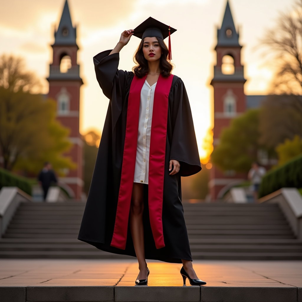 AI-generated photo: Fashion editorial portrait photography, a striking cap-and-gown hero portrait staged on wide campus ...