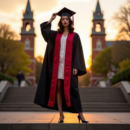 AI-generated photo: Fashion editorial portrait photography, a striking cap-and-gown hero portrait staged on wide campus ...