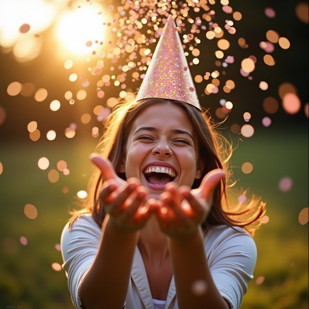 Golden Hour Outdoor Birthday Photos example: Photorealistic portrait photography. Motion birthday portrait outdoors with the subject tossing biodegradable confetti u