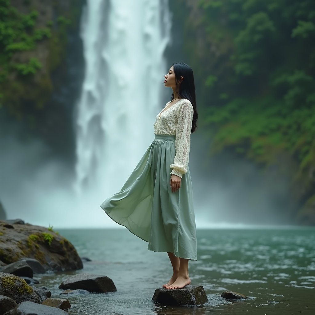 Brume de cascade : portrait en pied au pied d’une large cascade, la seule personne en équilibre sur des pierres plates de rivière dans une eau jusqu’aux chevilles tout en soulevant légèrement…