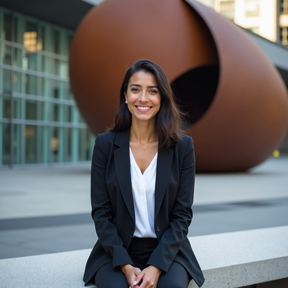 LinkedIn photo on a contemporary urban plaza, with a monumental corten-steel sculpture and a translucent glass-block wall softened into a refined background, the subject seated upright on a low stone bench in a structured blazer and open-collar shirt, hands lightly resting near the lap to signal composure and control. Open shade from an architectural overhang provides even illumination, augmented by a neutral bounce below the frame for subtle lift. A narrow, warm backlight from camera-right adds separation from the cool-toned surroundings while keeping the face clean and unobstructed. Framed from the waist up with leading lines converging diagonally across the background, the composition reads modern, confident, and ready for senior-facing roles.