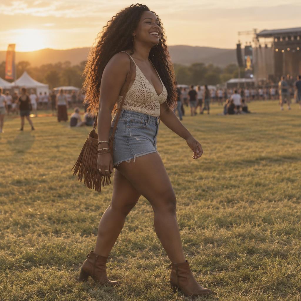 Festival Sunset Candid: Full-length side view of one person crossing a short-grass field at golden hour, wearing an ivory crochet top, high-waisted denim shorts,…
