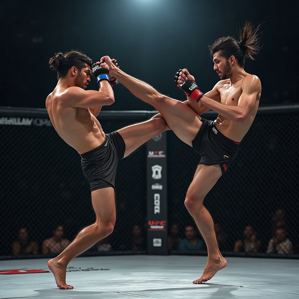 AI-generated photo: Photorealistic freeze-frame of a UFC fight showing a spinning back kick in full execution. The fight...