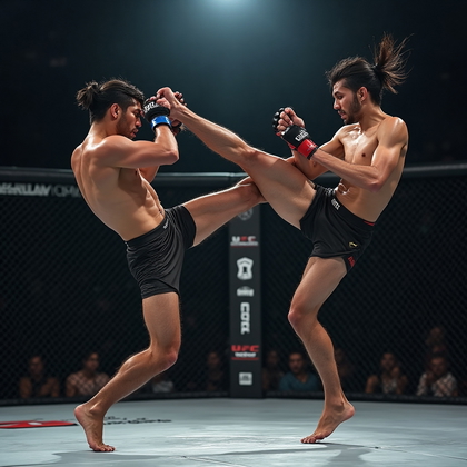 AI-generated photo: Photorealistic freeze-frame of a UFC fight showing a spinning back kick in full execution. The fight...