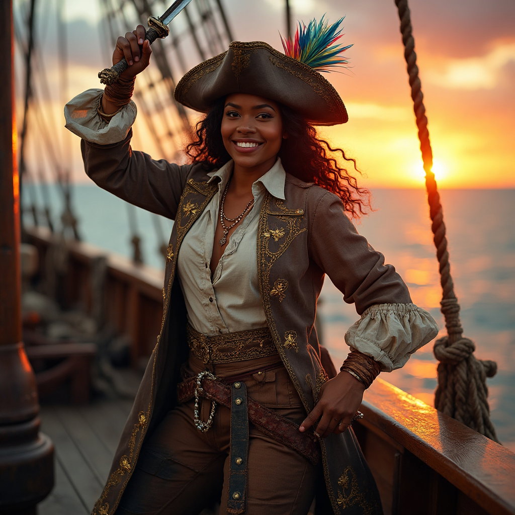 AI-generated photo: Cosplay dynamic action photo of a pirate captain in an ornate, weathered coat with gold embroidery, ...