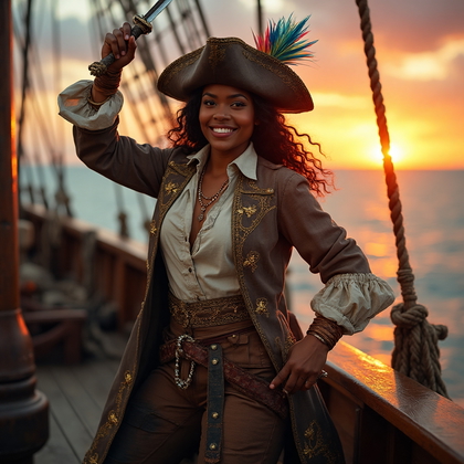 AI-generated photo: Cosplay dynamic action photo of a pirate captain in an ornate, weathered coat with gold embroidery, ...