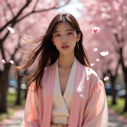 AI-generated photo: Fashion editorial photography, a solo portrait beneath a canopy of cherry blossoms with drifting pet...