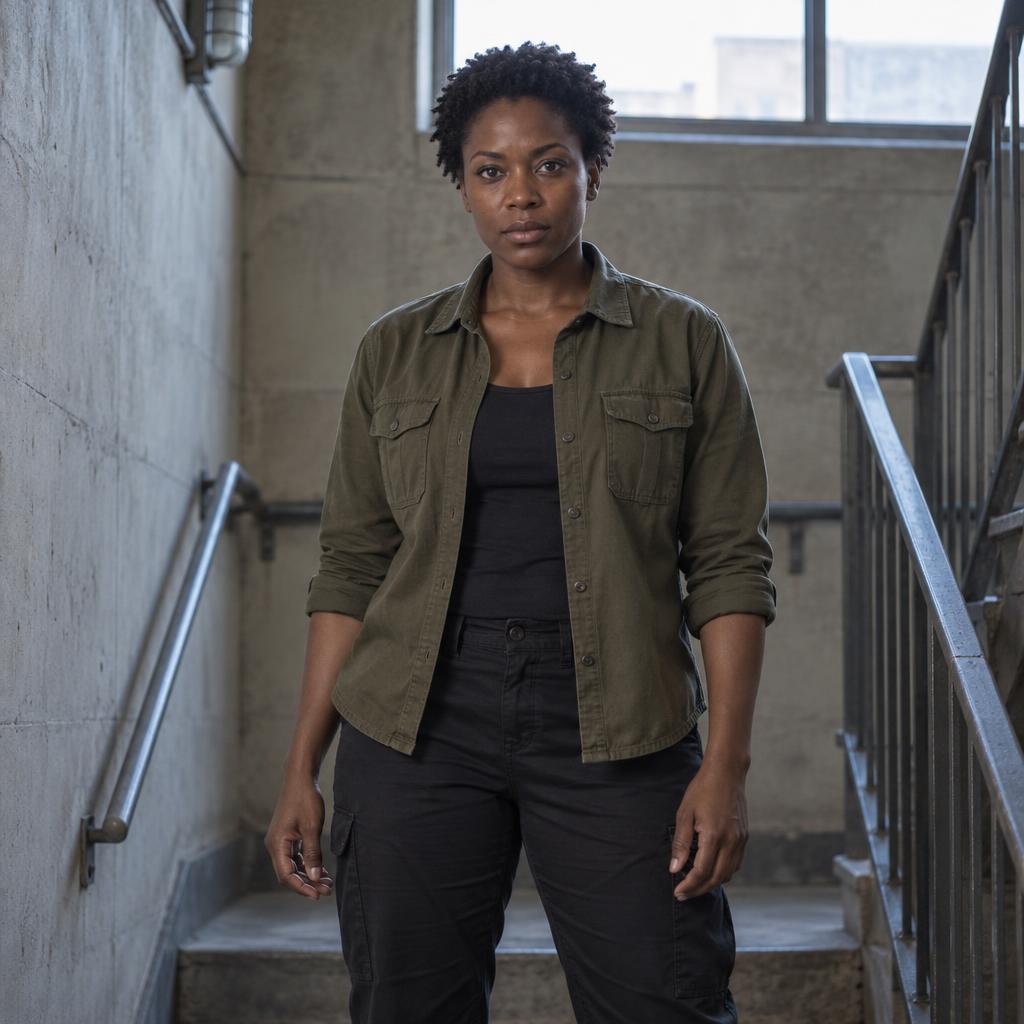 Action-Ready Performer: Realistic acting headshot, framed from mid-thigh up on a concrete industrial stairwell landing.