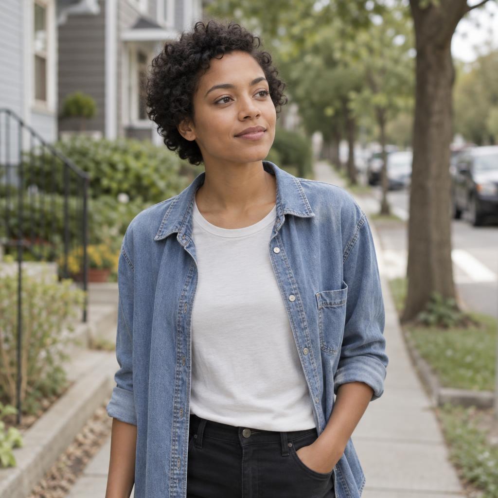 Grounded Indie-Film Portrait: Natural waist-up acting headshot on a quiet residential sidewalk.