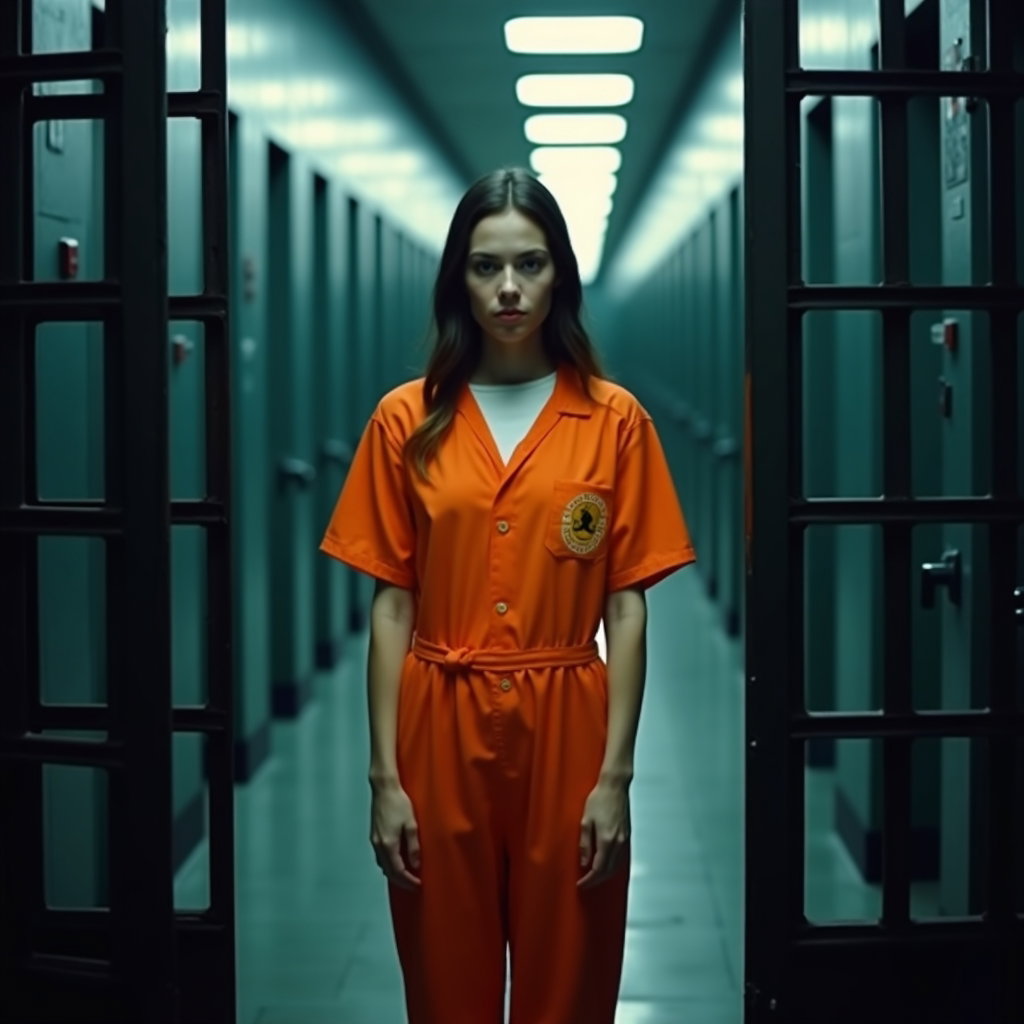 AI-generated photo: Photorealistic prison corridor identity photo where the subject in a bright orange jumpsuit stands f...