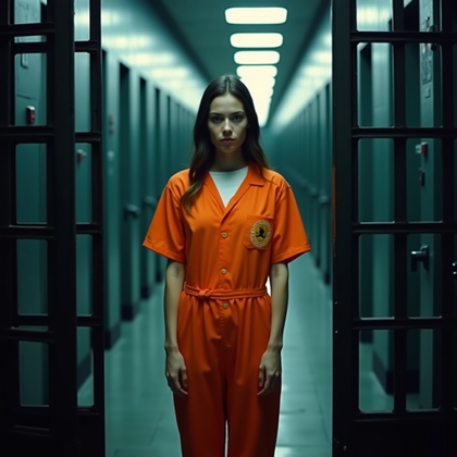 AI-generated photo: Photorealistic prison corridor identity photo where the subject in a bright orange jumpsuit stands f...