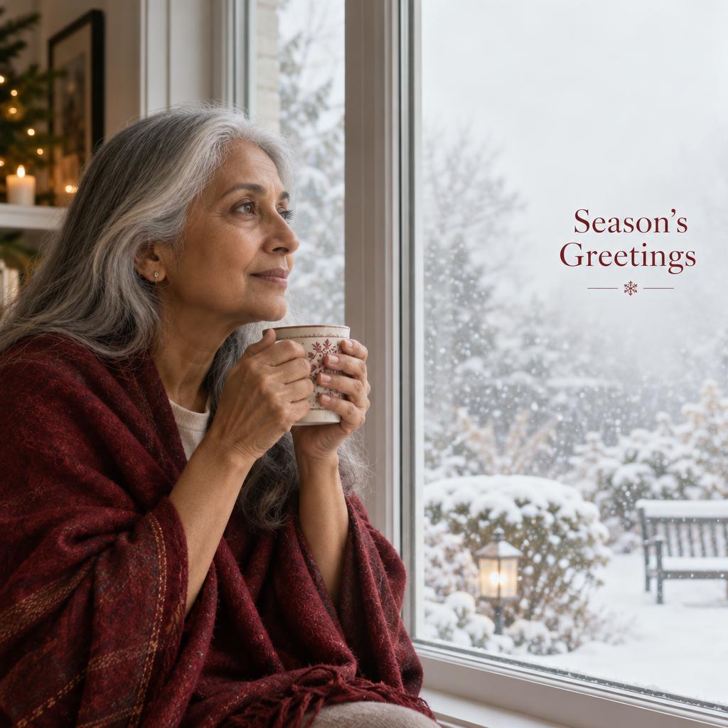 Window-Lit Snowfall Silhouette: A close, intimate holiday portrait at a tall window overlooking a snow-covered garden.