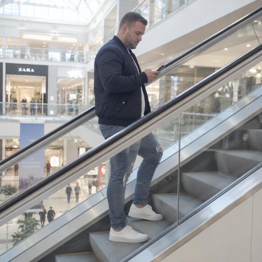 Mall Escalator Streetwear: One person rides up an escalator through a bright mall atrium, shown in full-body profile against glass panels and a distant skylight.