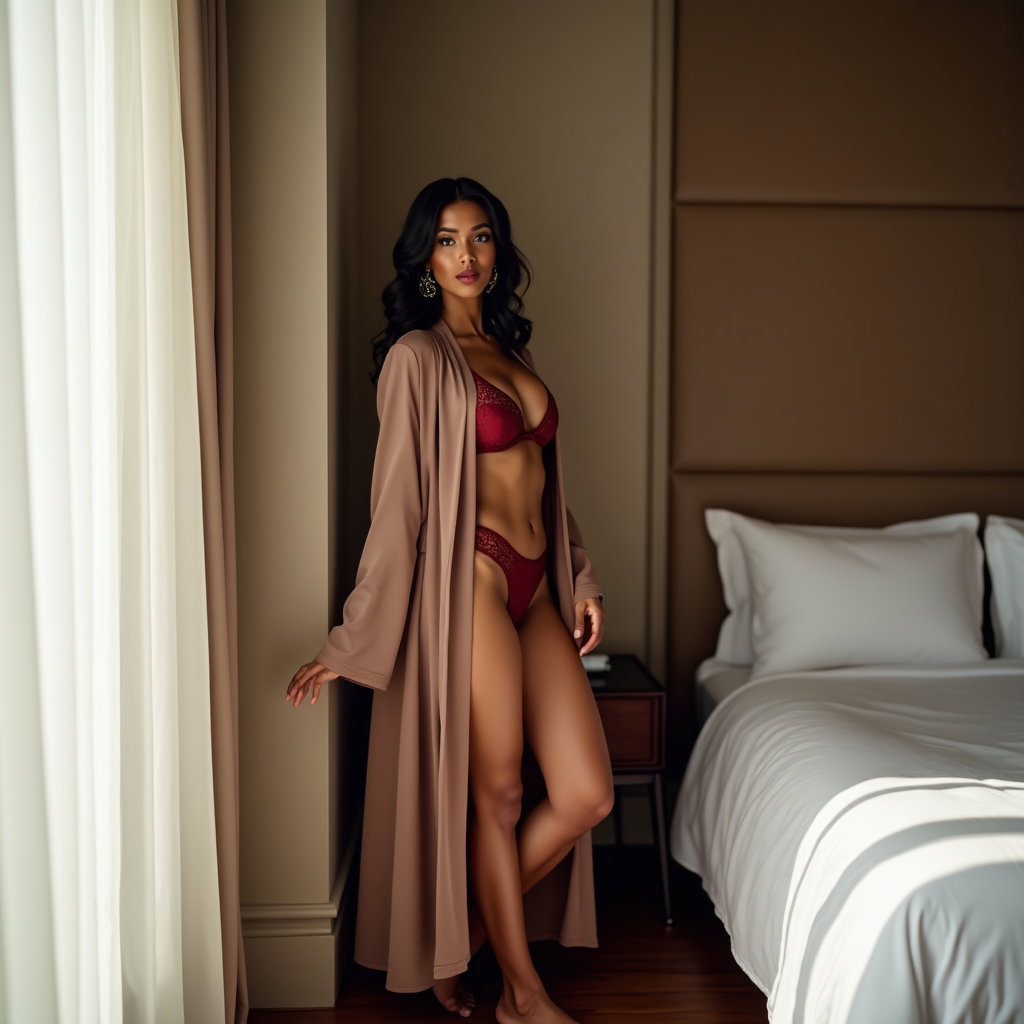 Standing Wall Poses example: Photorealistic boudoir photography. A confident standing wall pose beside a tall paneled wall in a luxury hotel room, wi
