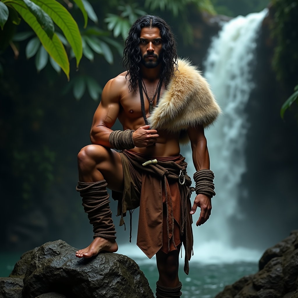 AI-generated photo: Photorealistic jungle waterfall portrait: subject balanced on dark basalt, mist swirling around a la...