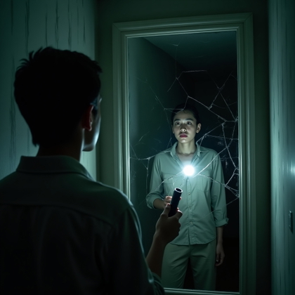 Flashlight-in-the-Dark Hallway Portrait example: Cinematic horror portrait photo with an unexpected mirror reflection concept, showing the subject facing a cracked hallw