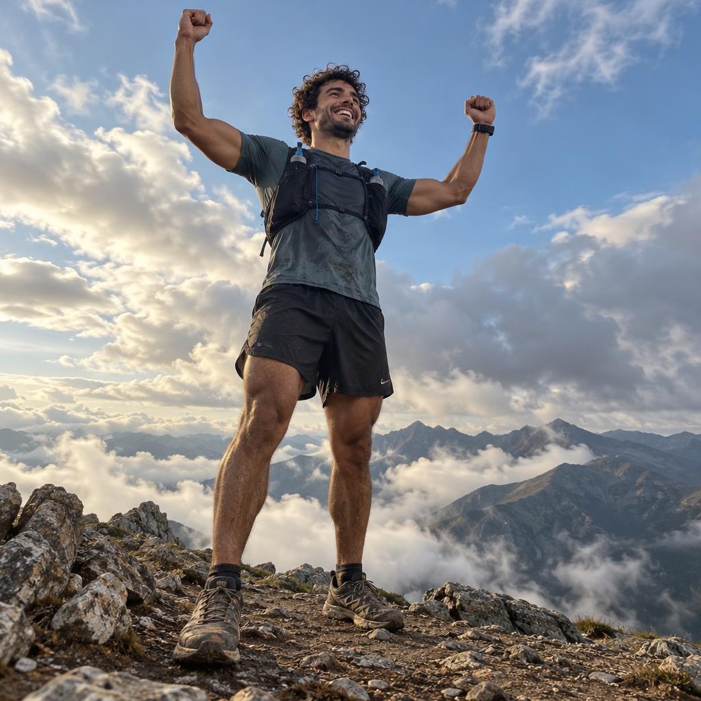 Reaching A Fitness Summit: Wide, low viewpoint from the trail at a rugged summit, with his dusty running shoes prominent in the foreground.
