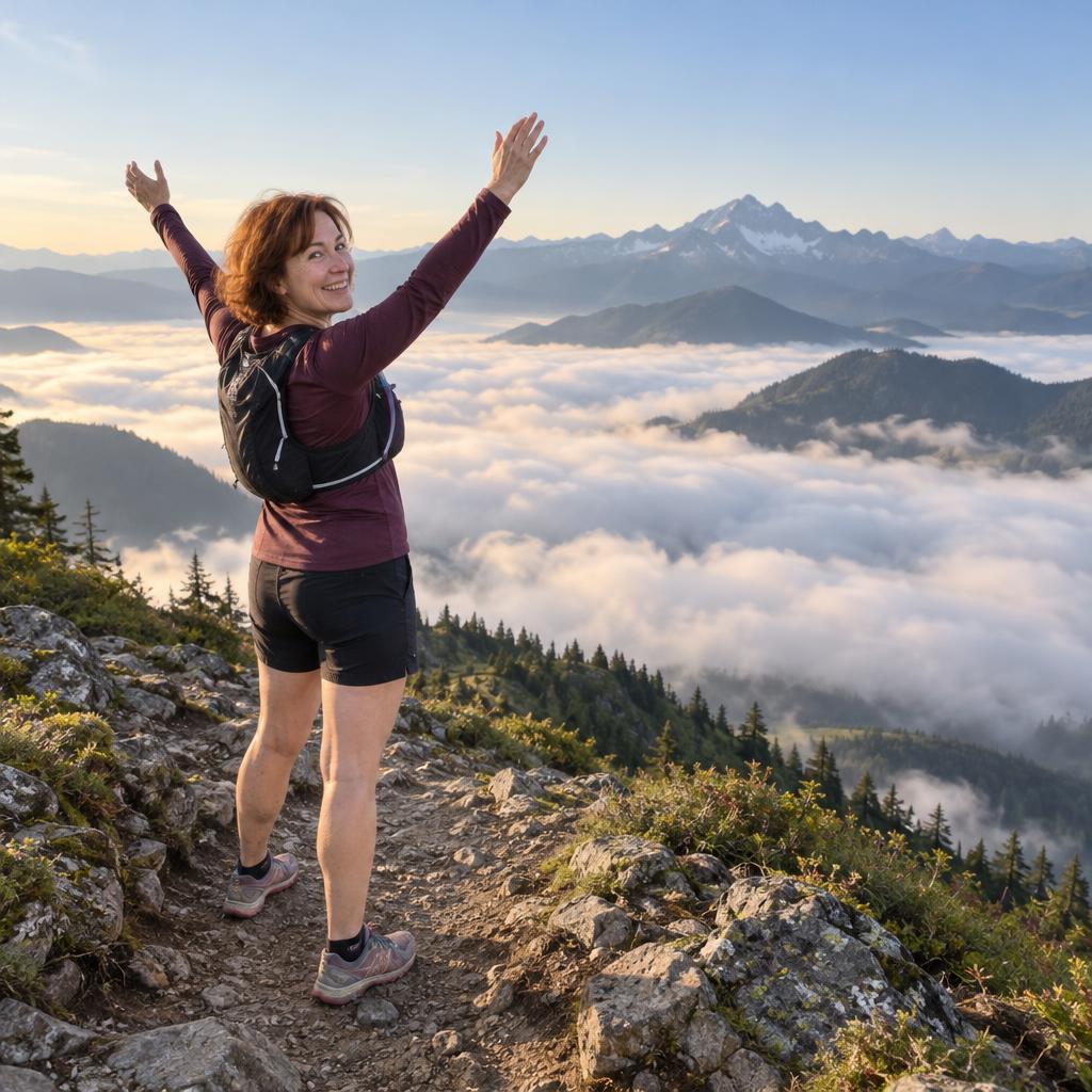 Reaching A Fitness Summit: Wide summit photo above a sea of morning mist, with clear mountain ridges rising beyond it.
