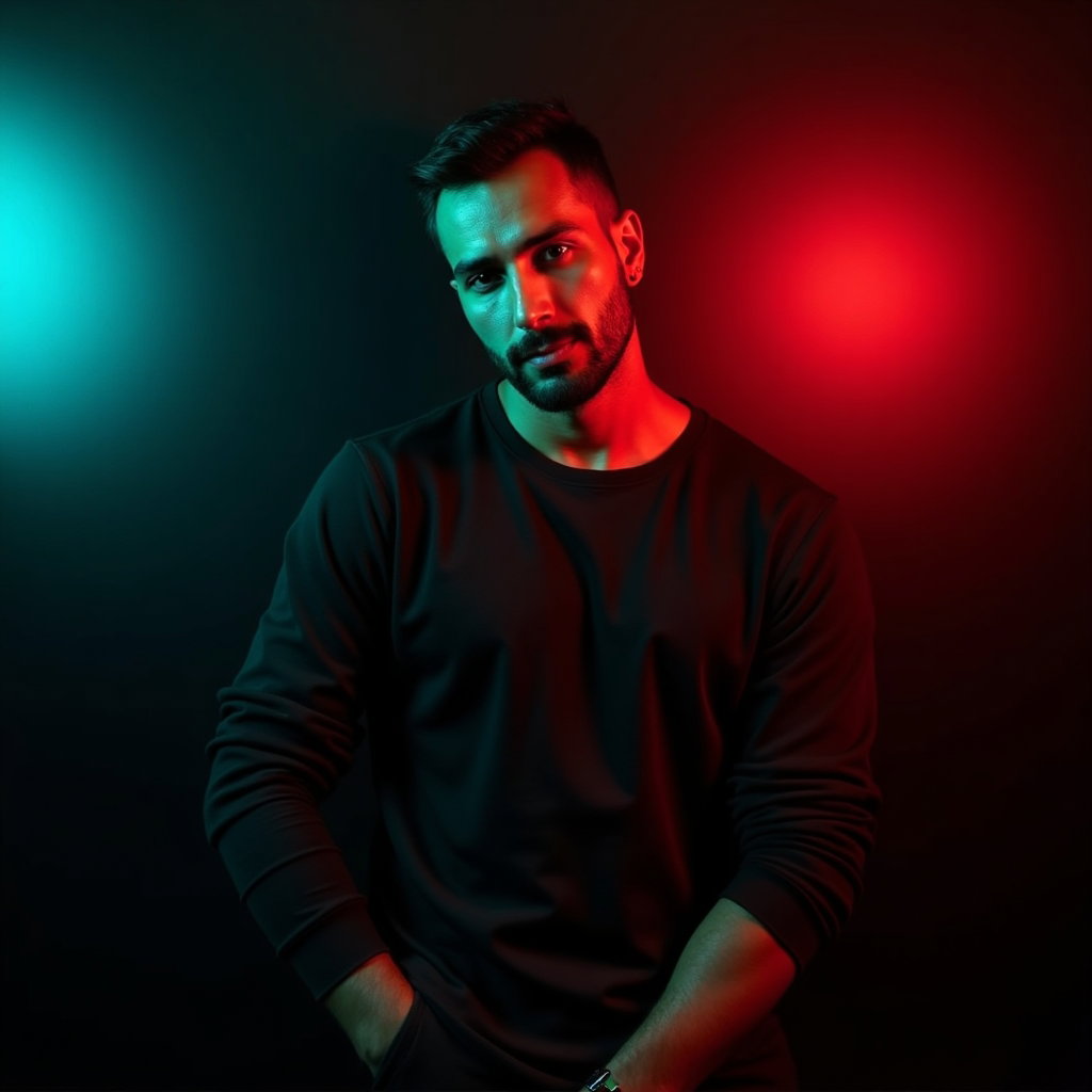 AI-generated photo: Photorealistic studio portrait photograph. The subject stands against a dark, slightly glossy backdr...