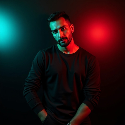 AI-generated photo: Photorealistic studio portrait photograph. The subject stands against a dark, slightly glossy backdr...