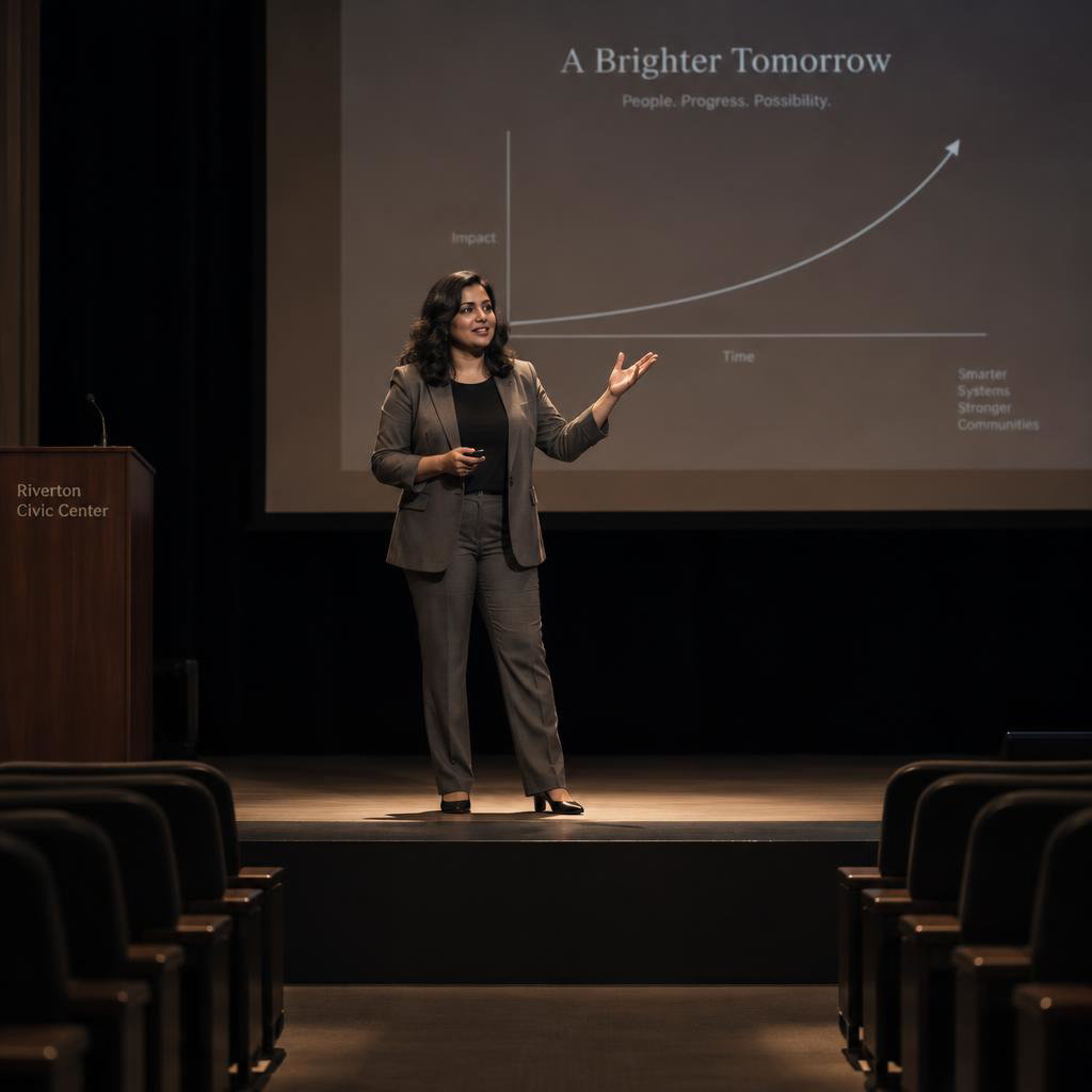 Career Breakthrough Onstage: Photorealistic full-length personal photo from the center aisle of a dark, empty auditorium.
