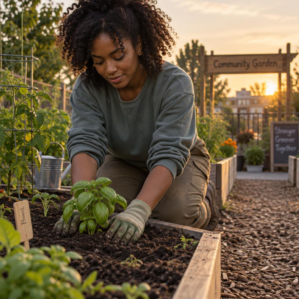 Community Garden Volunteering: Low, diagonal composition along a shared raised bed at golden hour.