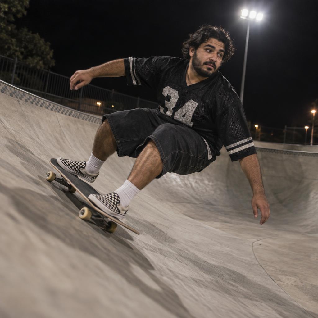 Skate-Park Wide-Angle: A low, slightly tilted full-body shot of one skater carving across an empty bowl under park floodlights.