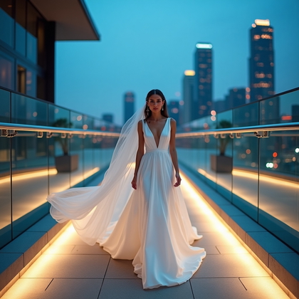 AI-generated photo: Photorealistic wedding photography. At a rooftop hotel skybridge entrance with broad LED‑lit steps a...