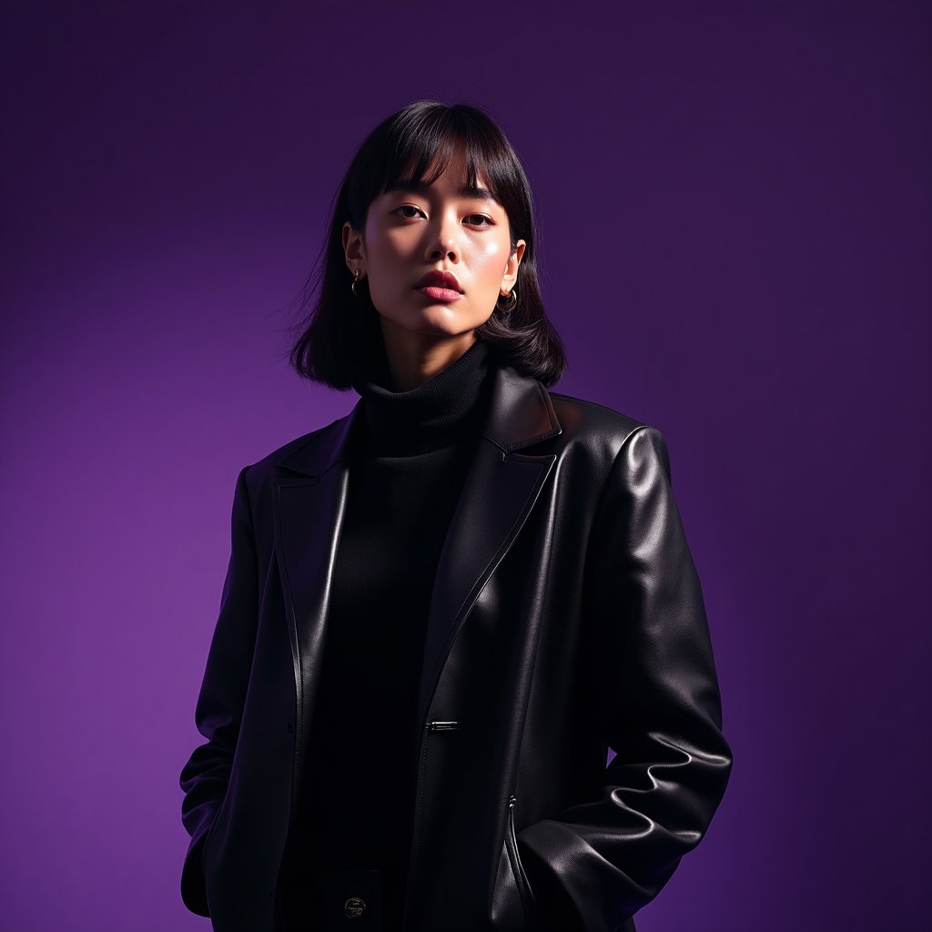 Minimal Color-Backdrop Pop Album Cover Portraits example: Photorealistic editorial album cover portrait. Dramatic hero image on a deep royal-purple backdrop, posed slightly off-c