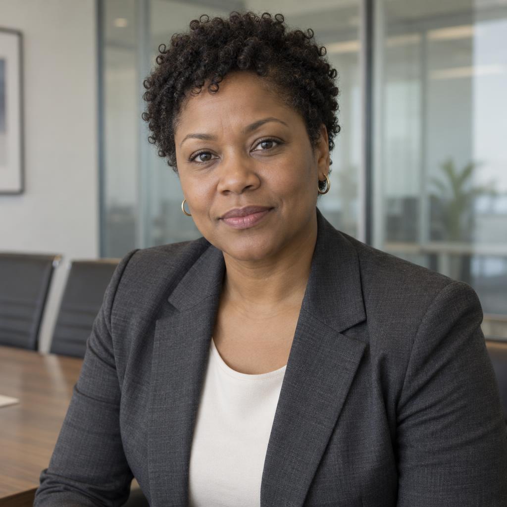 Polished Authority Role: Chest-up acting headshot in a quiet boardroom, with clean glass-partition lines behind one person.