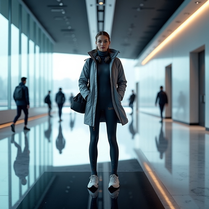 AI-generated photo: Photorealistic luxury fashion campaign winter sports photography, expansive interior shot inside a c...