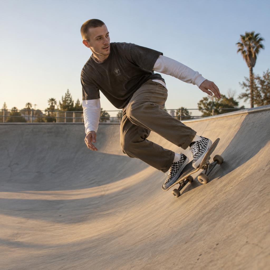 Skate-Park Wide-Angle: A low side view catches one skater pumping up the smooth wall of an empty concrete bowl, full body visible, board angled beneath planted…