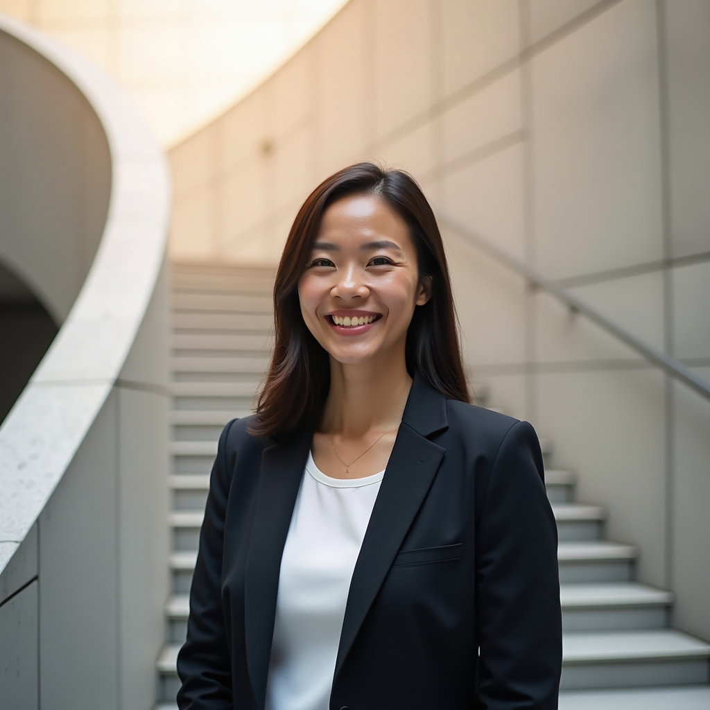 AI-generated photo: Professional headshot photo on an architectural stair landing within a tech campus, featuring a curv...
