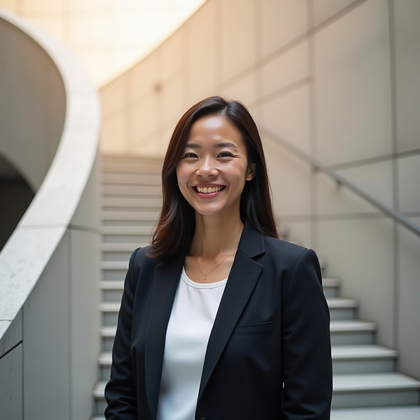 AI-generated photo: Professional headshot photo on an architectural stair landing within a tech campus, featuring a curv...