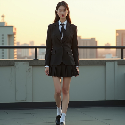 AI-generated photo: Photorealistic fashion photography. A high-end editorial fashion scene built around a Japanese schoo...