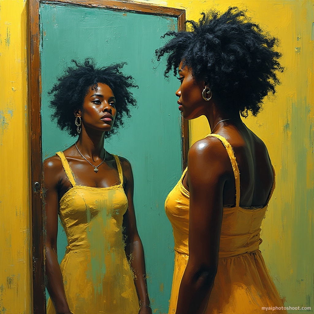 Expressionist painting. A stirring scene of a woman standing before a mirror, painted with dramatic and sweeping brush strokes that capture her complex emotions. The reflection is distorted, playing with shapes and colors to illustrate her inner conflict. Her environment is filled with chaotic lines and intense hues, creating a backdrop of emotional turbulence. The use of vivid yellows and greens in contrast with softer tones of her dress adds a tension to the composition, highlighting her vulnerability and self-reflection.