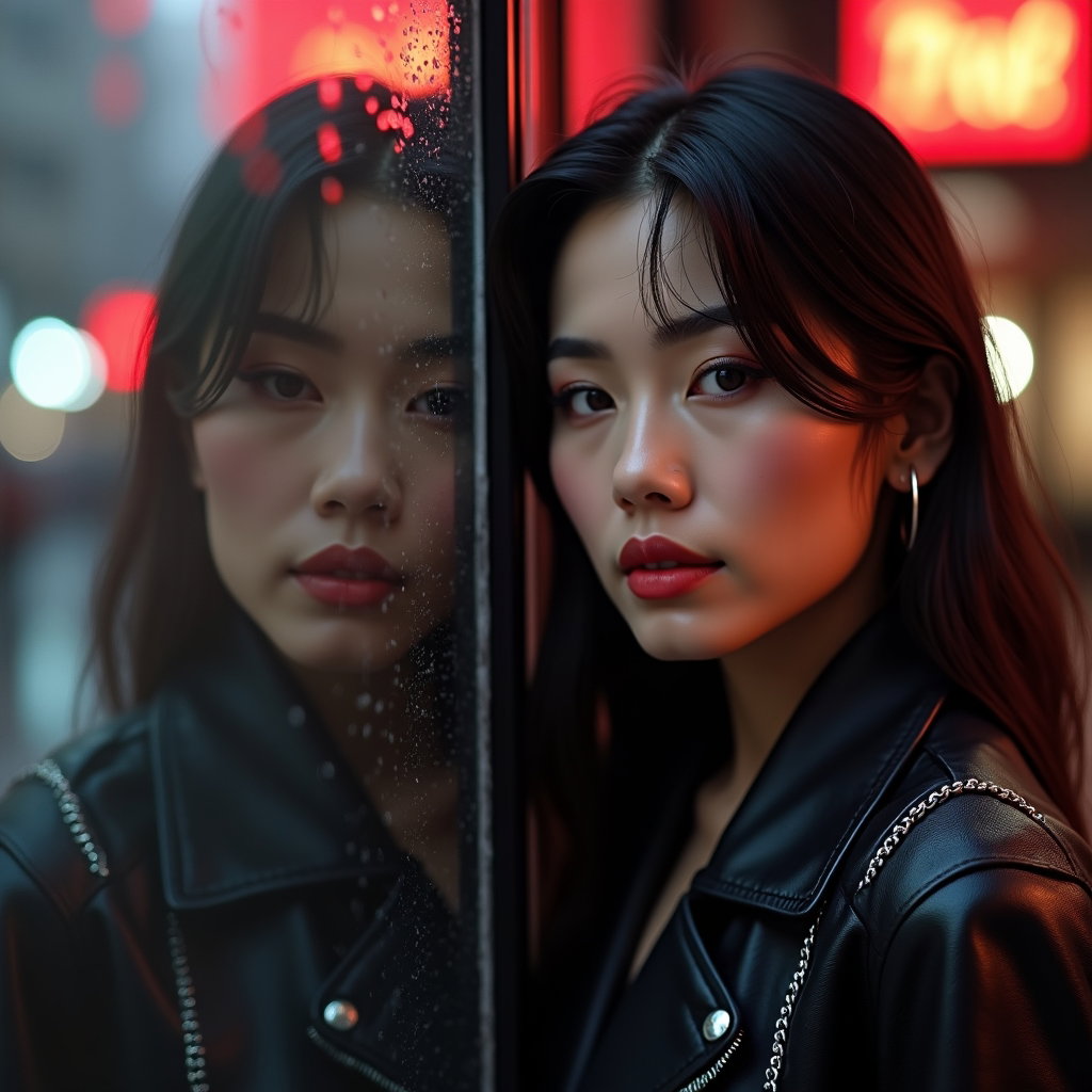 Rainy Night Street Vamp Portrait example: Dating profile photo, photorealistic creative variation using a rain-covered shop window reflection, showing the face cl