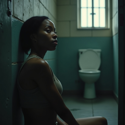 AI-generated photo: Photorealistic solitary confinement close-up, the subject sitting on the floor near the cell door, b...