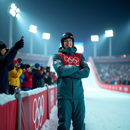 AI-generated photo: Photorealistic sports photography, horizontal, cinematic scene in the finish zone of a freestyle aer...