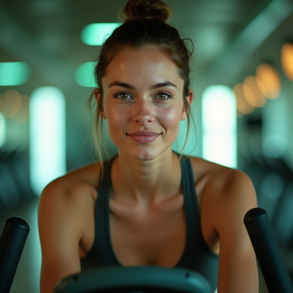 AI-generated photo: Photorealistic gym close-up portrait photo: front-facing at an air bike, the console’s amber-green g...