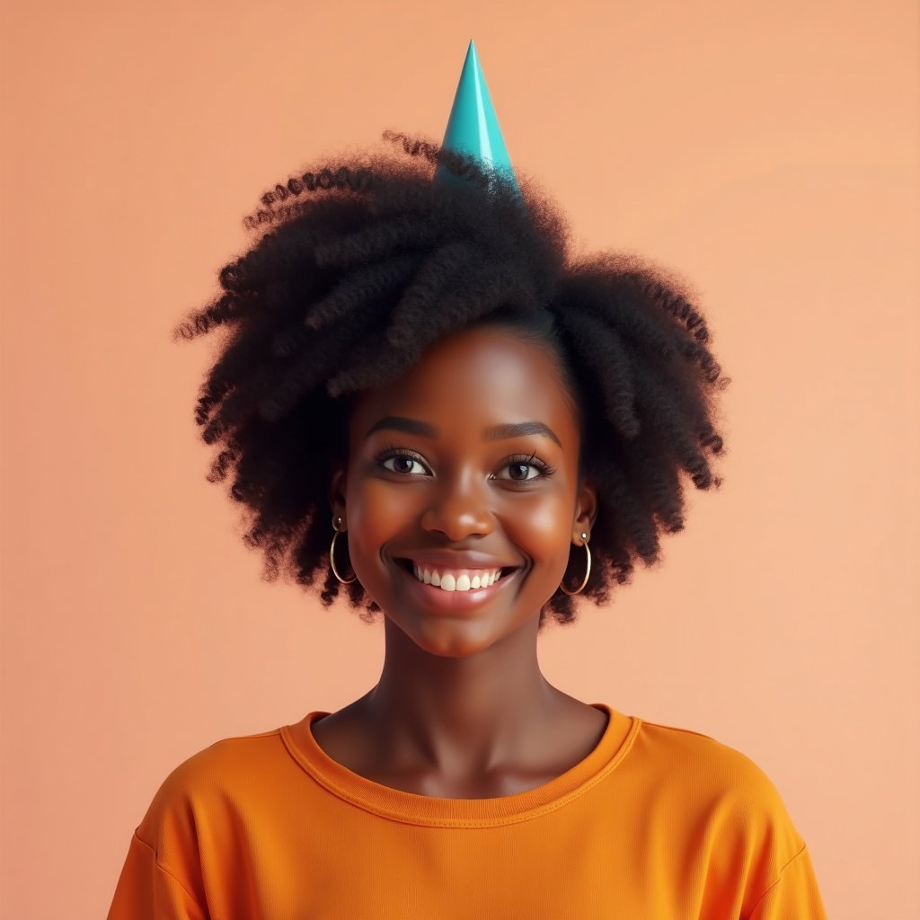 Minimal Studio Birthday Portraits With Clean Backgrounds example: Photorealistic profile portrait. Square avatar-style crop against a pastel peach seamless background, with the subject f
