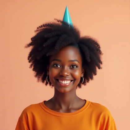 Minimal Studio Birthday Portraits With Clean Backgrounds example: Photorealistic profile portrait. Square avatar-style crop against a pastel peach seamless background, with the subject f
