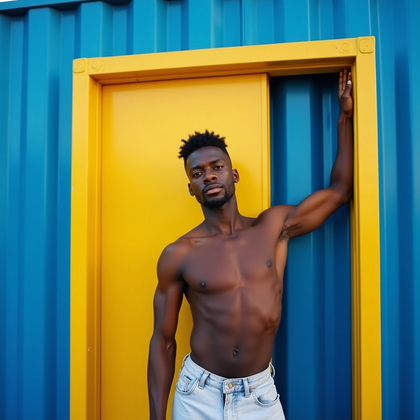 AI-generated photo: Photorealistic lifestyle portrait photograph in front of a cobalt-blue shipping container wall with ...