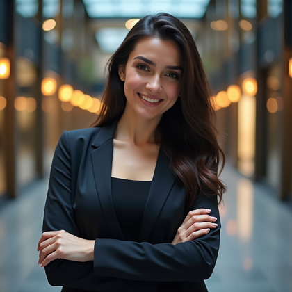 AI-generated photo: Professional headshot in a contemporary corporate atrium with tall windows and brushed metal accents...